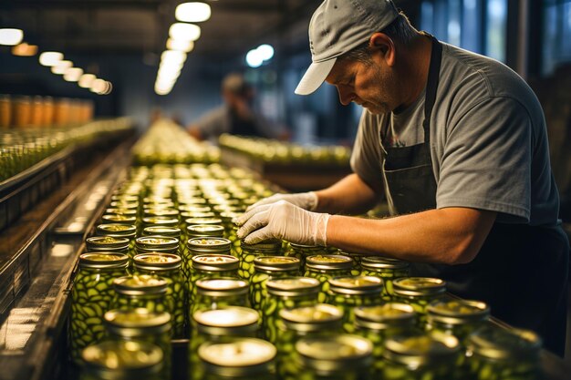 Un uomo con cappello bianco che seleziona il cibo in scatola in una fabbrica di produzione alimentare sulla linea della cintura