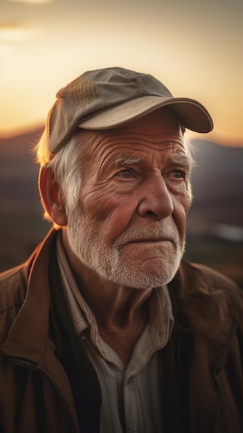 Un uomo con cappello e berretto si trova davanti a un tramonto