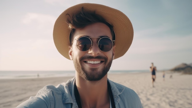 Un uomo con cappello e occhiali da sole scatta un autoritratto su una spiaggia