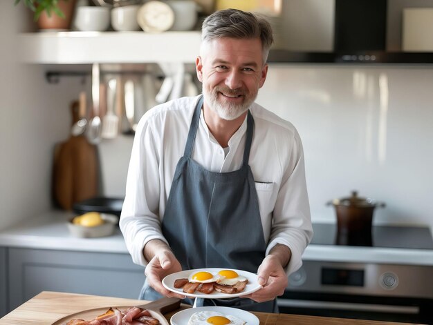 Un uomo con dei piatti di uova e bacon in cucina