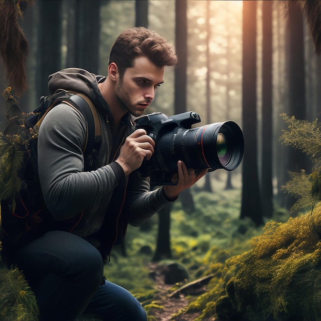 Un uomo con dslr forest background giornata mondiale della fotografia