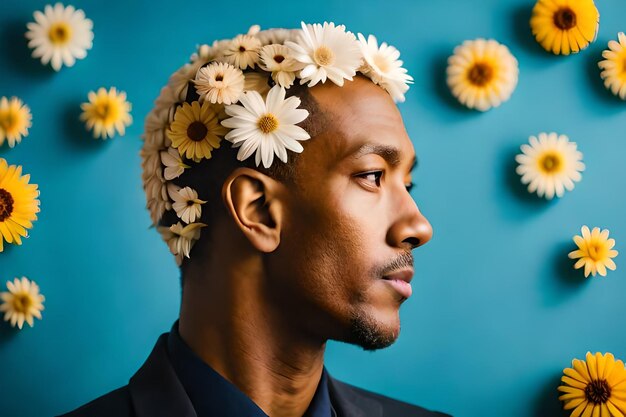 un uomo con fiori in testa guarda nella telecamera.