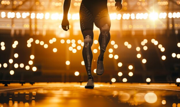 Un uomo con gambe protetiche sta correndo su una pista l'immagine ha una sensazione energetica luminosa con le gambe dell'uomo e l'illuminazione della pista che crea un senso di movimento ed eccitazione