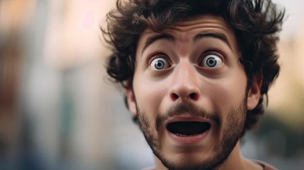 Un uomo con gli occhi grandi e la barba guarda la telecamera.