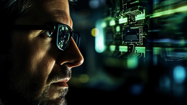 un uomo con gli occhiali che guarda qualcosa davanti a lui nello stile dell'arte tecnologica delle lenti macro