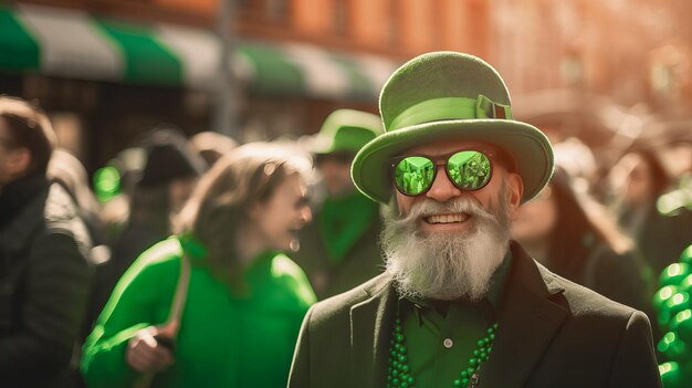 Un uomo con gli occhiali da sole verdi vestito da Leprechaun a una parata del giorno di San Patrizio