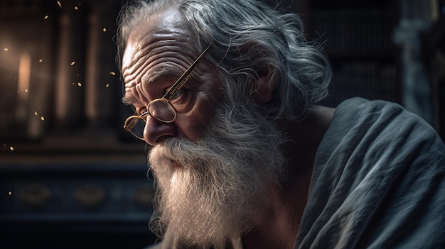 Un uomo con gli occhiali e la barba guarda un libro.