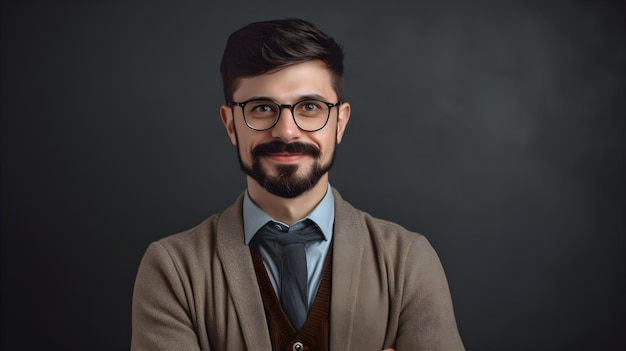 Un uomo con gli occhiali e un cardigan è in piedi con le braccia incrociate.