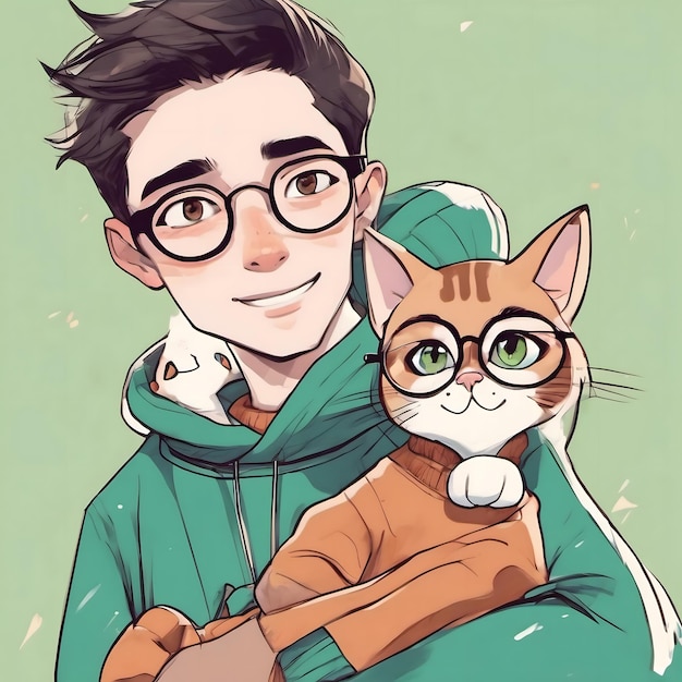 un uomo con gli occhiali e un gatto che ha un gatto sulla spalla
