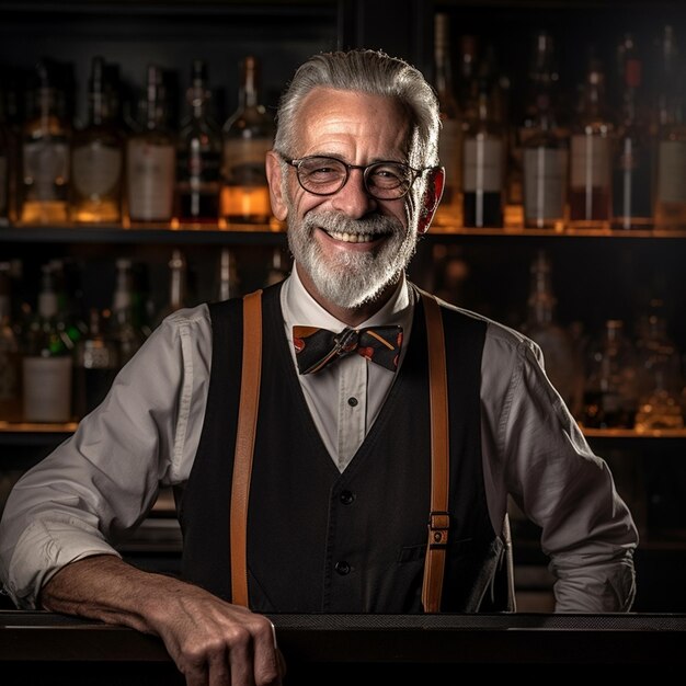 Un uomo con gli occhiali e un papillon è in piedi dietro un bar con bottiglie di liquore dietro di lui.