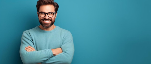 un uomo con gli occhiali e una camicia blu con le braccia incrociate contro uno sfondo blu