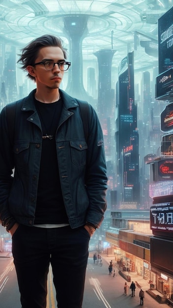 Un uomo con gli occhiali e una giacca nera si trova di fronte a una città futuristica