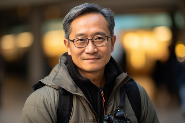 un uomo con gli occhiali e una macchina fotografica in mano