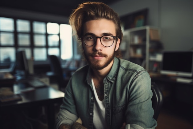 Un uomo con gli occhiali siede in un ufficio con un computer sullo sfondo.