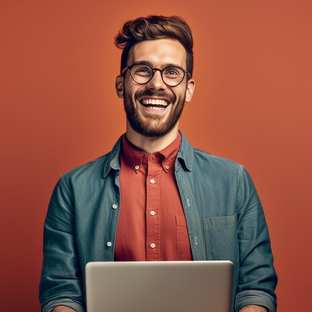 Un uomo con gli occhiali sorride e tiene in mano un computer portatile.