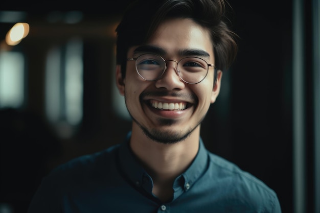 Un uomo con gli occhiali sorride per la fotocamera.