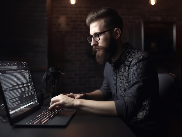 Un uomo con gli occhiali sta scrivendo su un computer portatile.