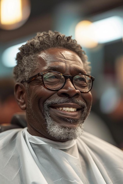 un uomo con gli occhiali sta sorridendo mentre si taglia i capelli