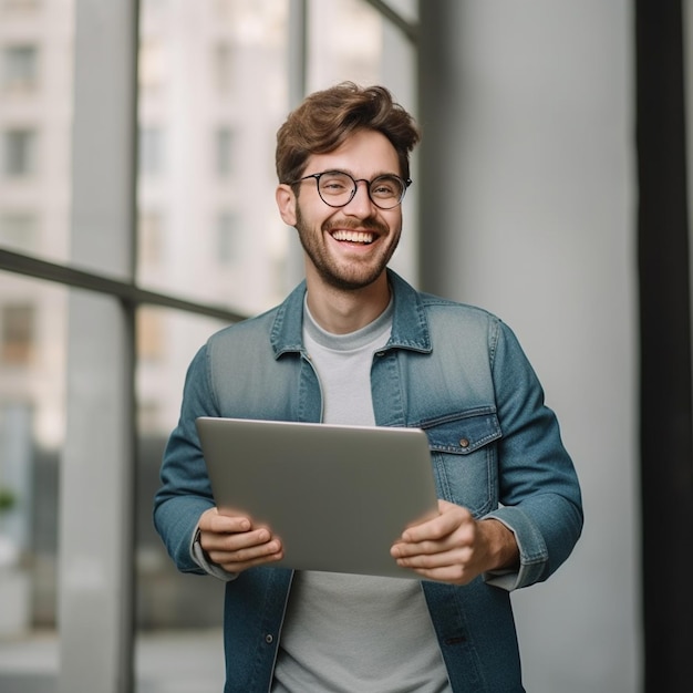 Un uomo con gli occhiali tiene in mano un laptop e sorride.