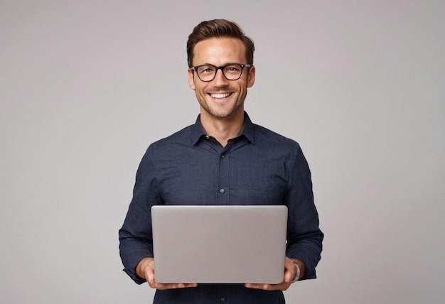 un uomo con gli occhiali tiene un portatile con un sorriso sul viso
