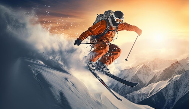 un uomo con gli sci salta sopra una montagna in stile arancione