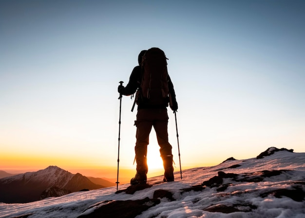 Un uomo con i bastoni da trekking in piedi in cima a una montagna che gode della serenità della natura soleggiata