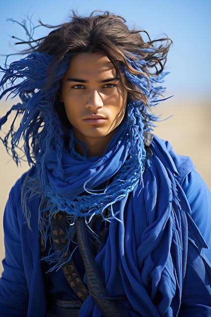 un uomo con i capelli blu e una sciarpa