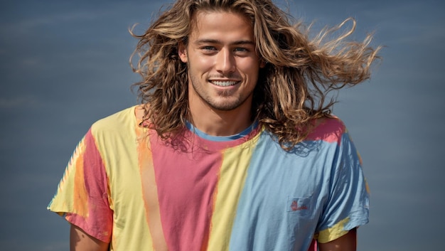 Un uomo con i capelli lunghi che indossa una camicia color arcobaleno vibrante