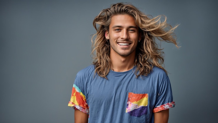 Foto un uomo con i capelli lunghi e una camicia blu