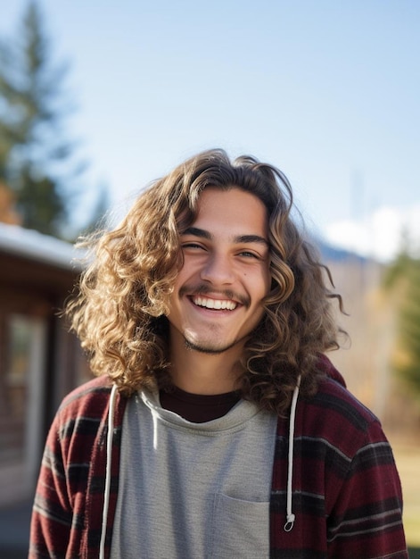 un uomo con i capelli lunghi e una camicia che dice che sta sorridendo