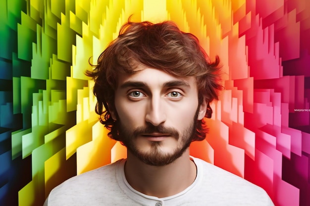 Un uomo con i capelli lunghi si trova di fronte a un muro colorato con un motivo arcobaleno.