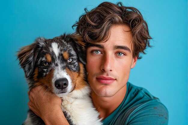 Un uomo con i capelli ricci che tiene un cane