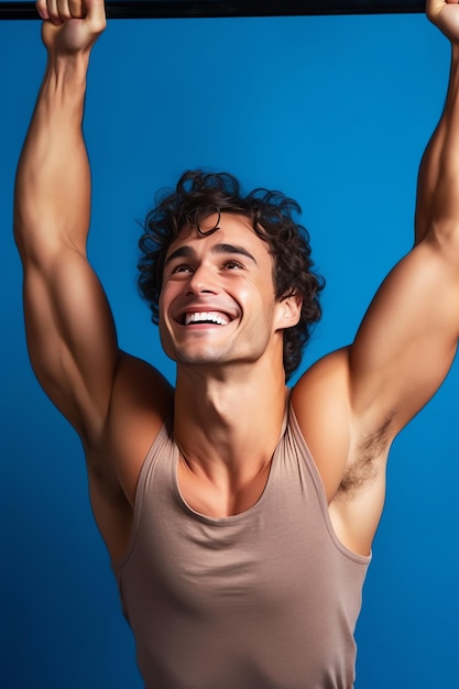 Un uomo con i capelli ricci sorride e sorride su uno sfondo blu.