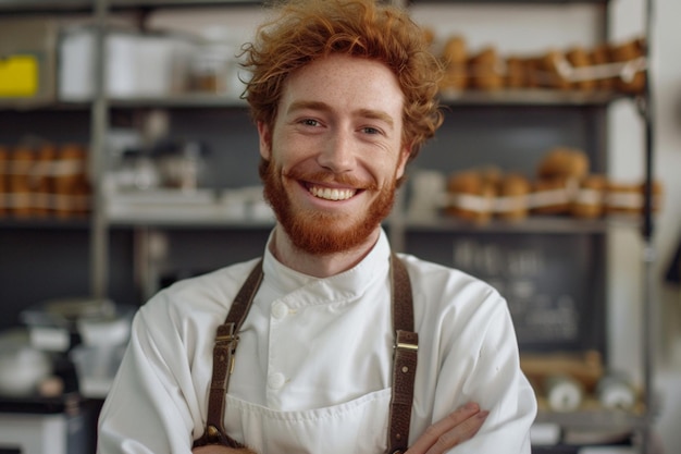 un uomo con i capelli rossi e una camicia bianca con sospensori marroni sulle braccia