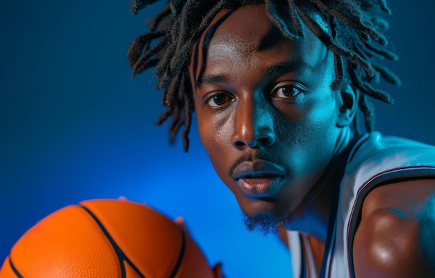 Un uomo con i dreadlocks sorride mentre tiene con fiducia una palla da basket nelle mani