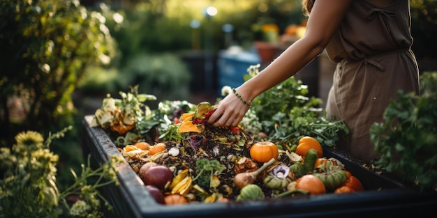 Un uomo con i guanti composta i rifiuti alimentari nel giardino Lavorazione di alimenti biologici IA generativa