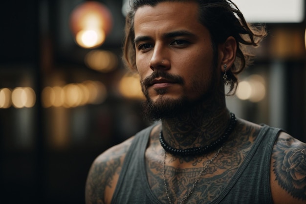 Un uomo con i tatuaggi sul collo arc c