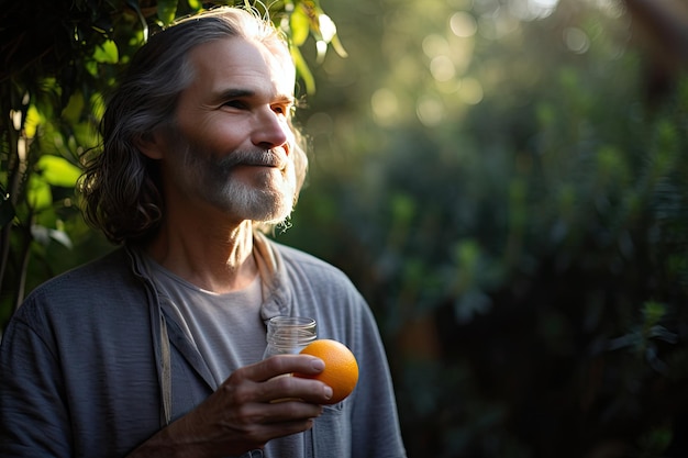 Un uomo con in mano un'arancia e un barattolo di vetro Generative Ai