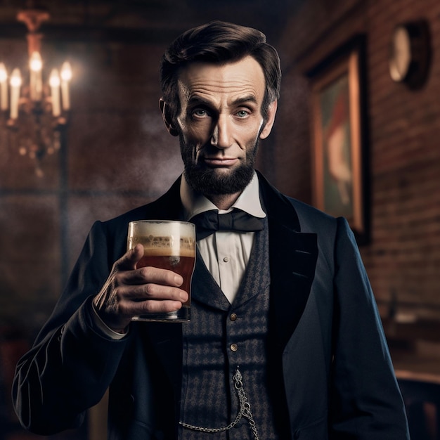 Un uomo con in mano un bicchiere di birra con sopra scritto Lincoln.