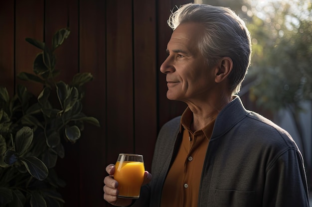 Un uomo con in mano un bicchiere di succo d'arancia Generative Ai
