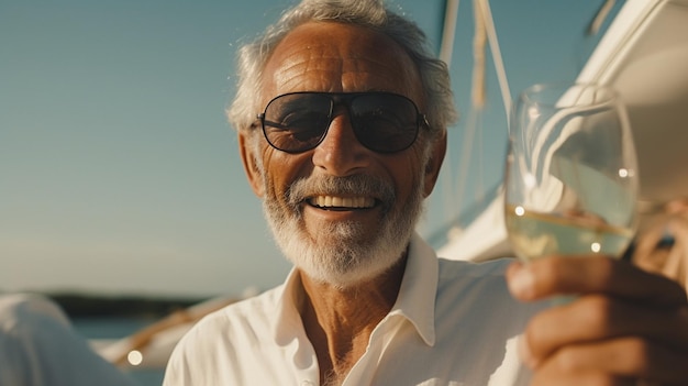 un uomo con in mano un bicchiere di vino e sorridente.