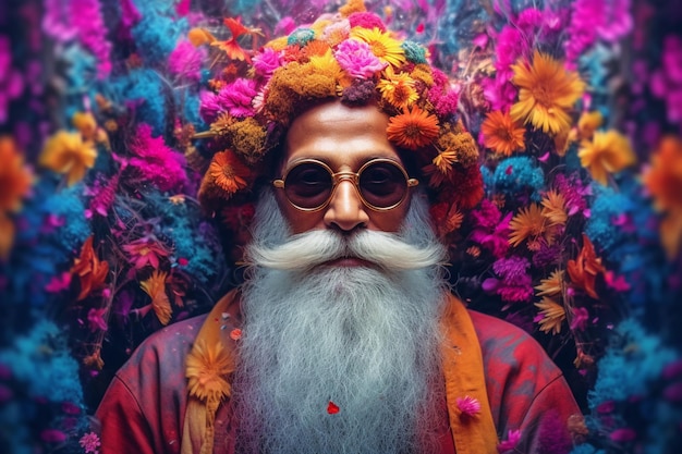 Un uomo con la barba bianca e gli occhiali si trova davanti a uno sfondo colorato.