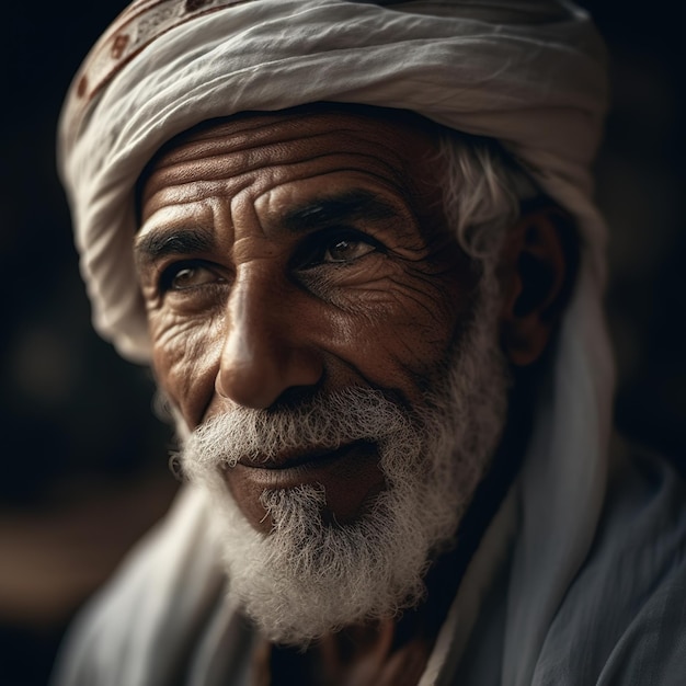 Un uomo con la barba bianca e il turbante bianco