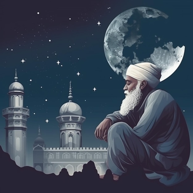 Un uomo con la barba bianca siede su un tetto con una luna sullo sfondo.