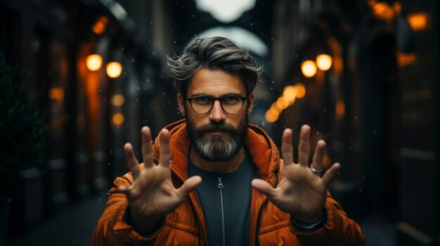 Un uomo con la barba che fa un gesto con le mani