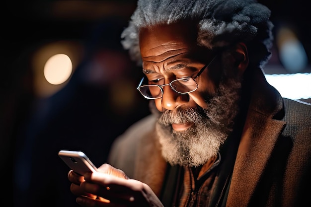 Un uomo con la barba che guarda il cellulare Generative Ai
