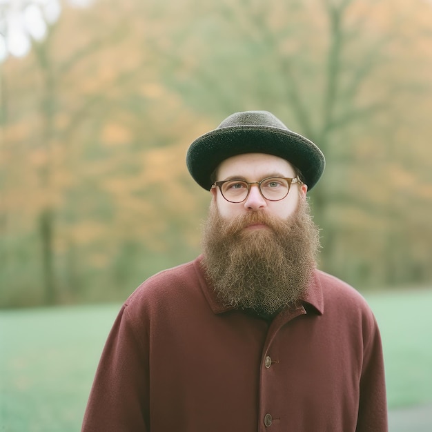 Un uomo con la barba che indossa un cappello e occhiali si trova in un parco.