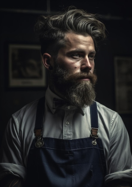 Un uomo con la barba che indossa una camicia bianca e un grembiule blu generativo ai