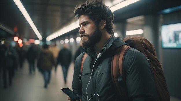 Un uomo con la barba che tiene in mano un cellulare