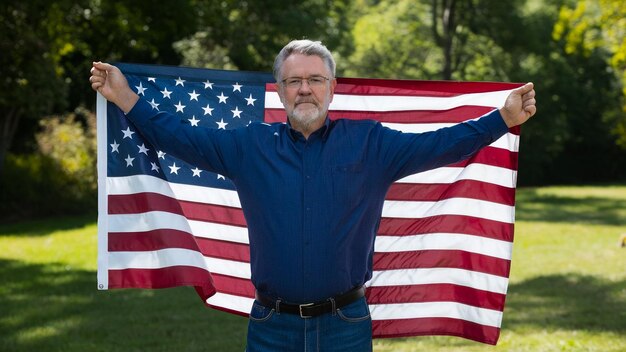 un uomo con la barba che tiene una bandiera americana